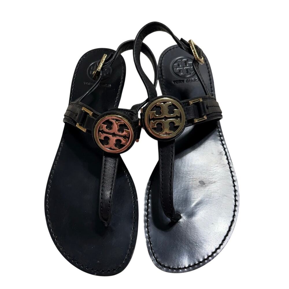 Tory Burch Black Leather T Logo Thong Sandals Gold Size US 9.5 Flats